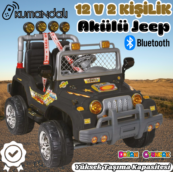 Kumandalı Çift Kişilik Mega Akülü Araba Siyah - 12 Volt İki Kişilik Akülü Araba Akülü JEEP - Mega Of - Image 1