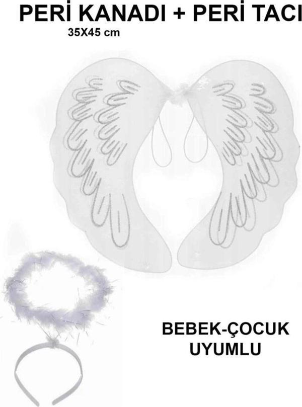 Beyaz Dantel Tüllü Peri Kanadı ve Peri Tacı Kostüm Aksesuar Seti - Image 1