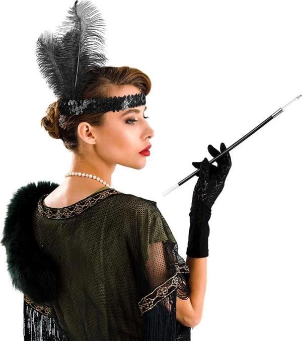 Gatsby Aksesuar Seti Siyah Charleston Saç Bandı ve Sigaralık - Image 1