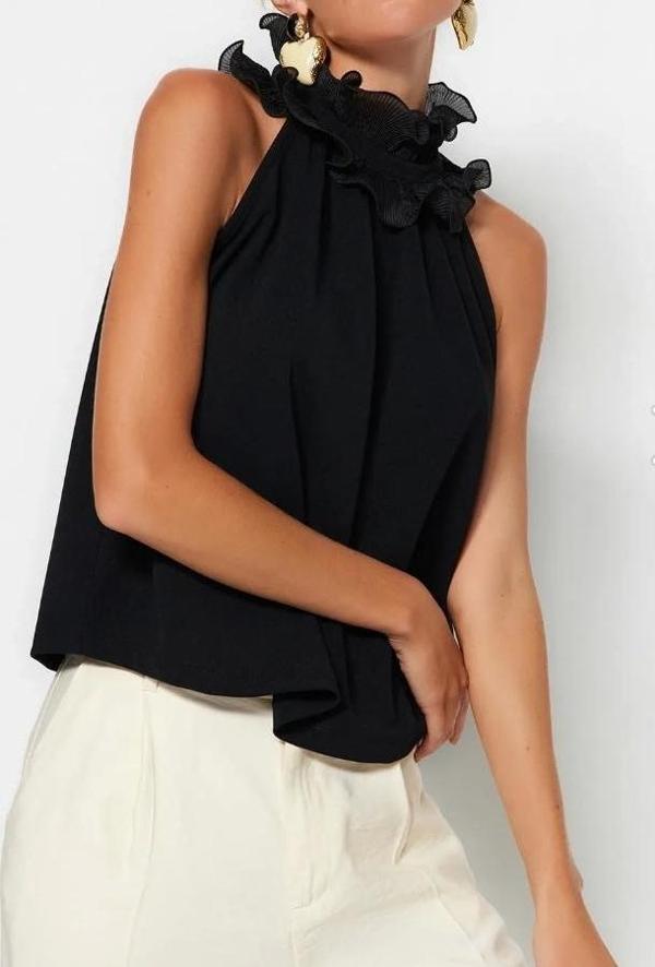 Moda Halter Yaka Örme Regular Düz Desen Casual Günlük Regular Kolsuz Bluz - Image 1