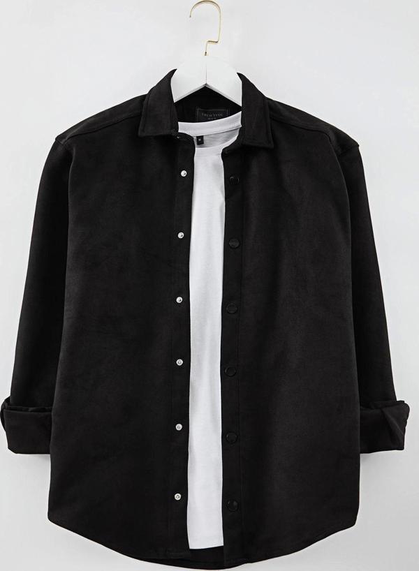 Şık Düz Desen Gömlek Yaka Slim Fit Süet Kışlık Gömlek - Image 1