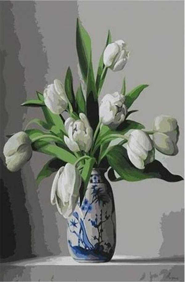 Canvas Beyaz Laleler Sayılarla Boyama Seti  Kasnaklı 90 x 110 cm - Image 1