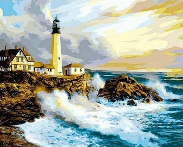 Canvas Deniz Feneri ve Dalgalar Sayılarla Boyama Seti  Kasnaklı 90 x 110 cm - Image 1