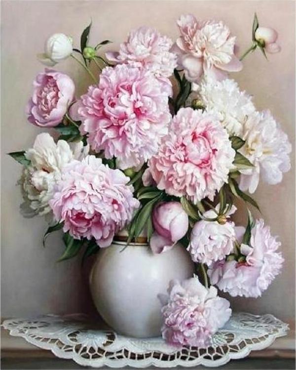 Canvas Beyaz Şakayık Sayılarla Boyama Seti  Kasnaklı 40 x 50 cm - Image 1