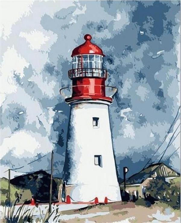 Canvas Deniz Feneri ve Bulutlar Sayılarla Boyama Seti  Kasnaklı 70 x 90 cm - Image 1