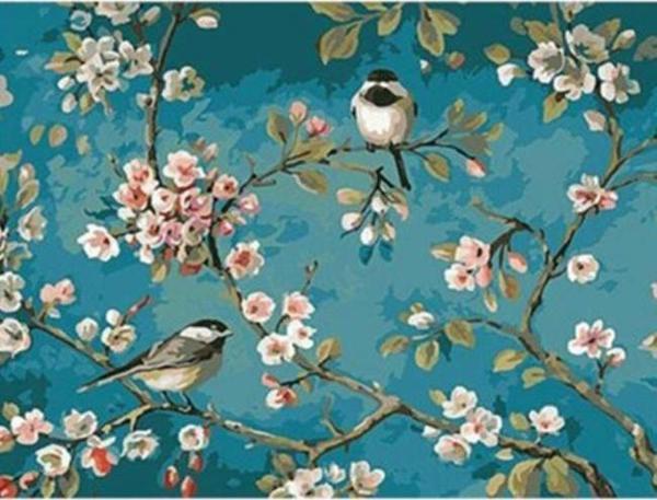 Canvas Kuşlar ve Badem Ağcı Sayılarla Boyama Seti  Kasnaklı 40 x 50 cm - Image 1