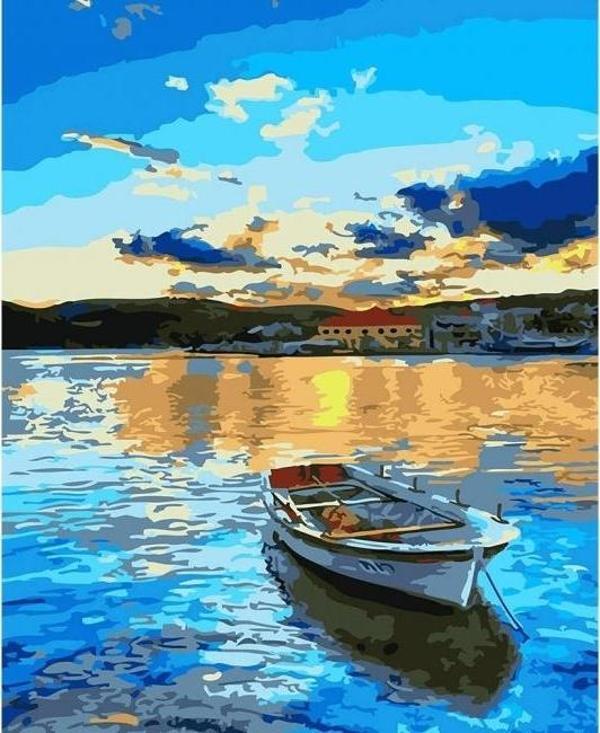 Canvas Mavi Sular ve Tekne Sayılarla Boyama Seti  Kasnaklı 50 x 65 cm - Image 1