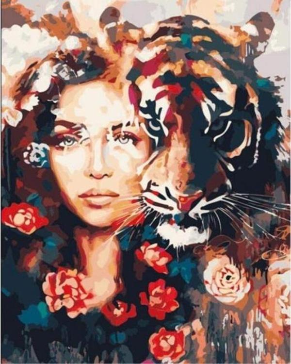 Canvas Kadın ve Kaplan Sevgisi Sayılarla Boyama Seti  Kasnaklı 40 x 50 cm - Image 1