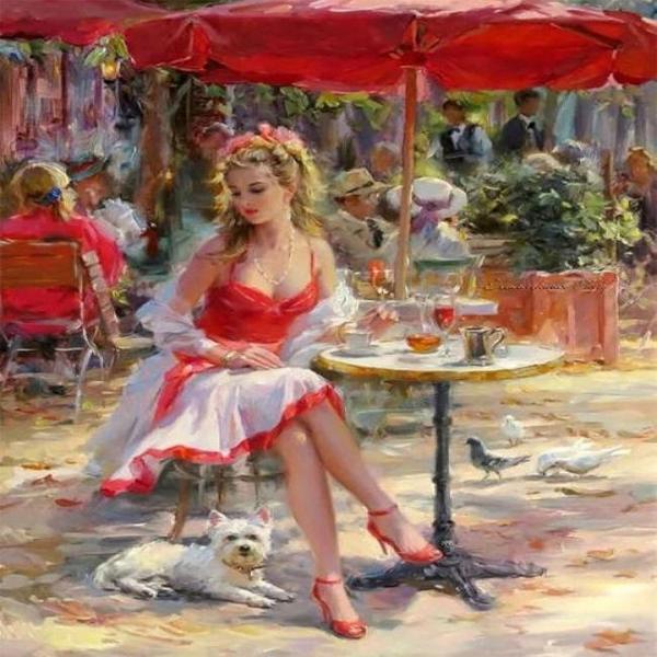 Canvas Kafedeki Güzel Kadın Sayılarla Boyama Seti  Kasnaklı 100 x 140 cm - Image 1