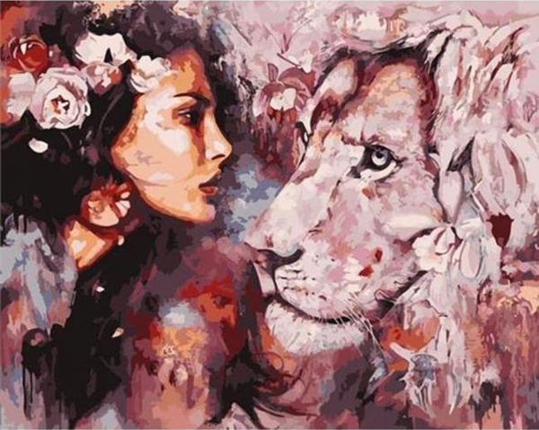 Canvas Kadın ve Aslan Sevgisi Sayılarla Boyama Seti  Kasnaklı 50 x 65 cm - Image 1