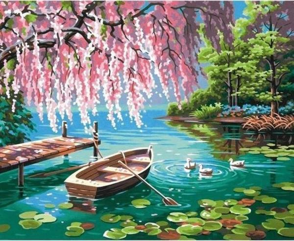 Canvas Pembe Söğüt ve Göl Sayılarla Boyama Seti  Kasnaklı 100 x 140 cm - Image 1