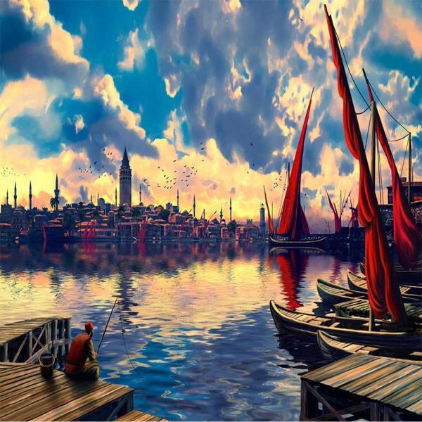 Canvas Galatada Balık Keyfi Sayılarla Boyama Seti   Kasnaklı 40 x 50 cm - Image 1
