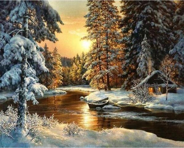 Canvas Kış Evi Sayılarla Boyama Seti  Kasnaklı 60 x 75 cm - Image 1