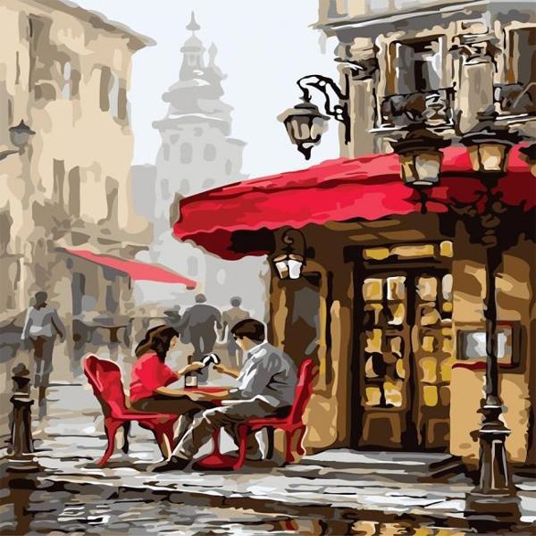 Canvas Köşedeki Kahveci Sayılarla Boyama Seti  Kasnaklı 70 x 90 cm - Image 1