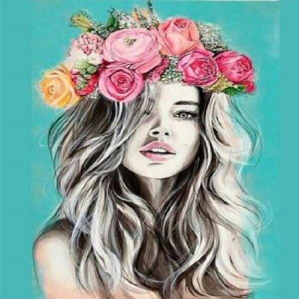 Canvas Doğal Çiçek Kadın Sayılarla Boyama Seti   Kasnaklı 90 x 110 cm - Image 1