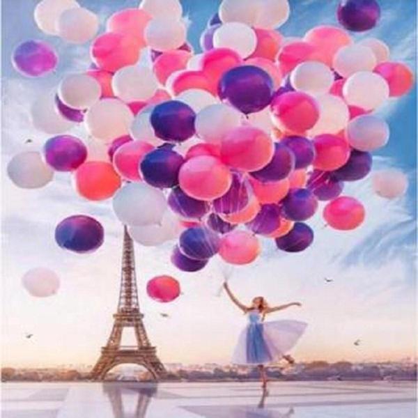 Canvas Eyfel Kulesi,Kadın Ve Romantik Balonlar Sayılarla Boyama Seti   Kasnaklı 50 x 65 cm - Image 1