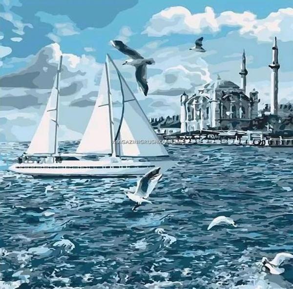 Canvas Yelken Martı ve Cami Sayılarla Boyama Seti  Kasnaklı 100 x 140 cm - Image 1