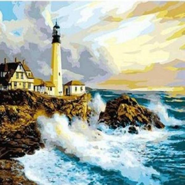 Canvas Deniz Feneri Ve Dalgalar Sayılarla Boyama Seti   Kasnaklı 50 x 65 cm - Image 1