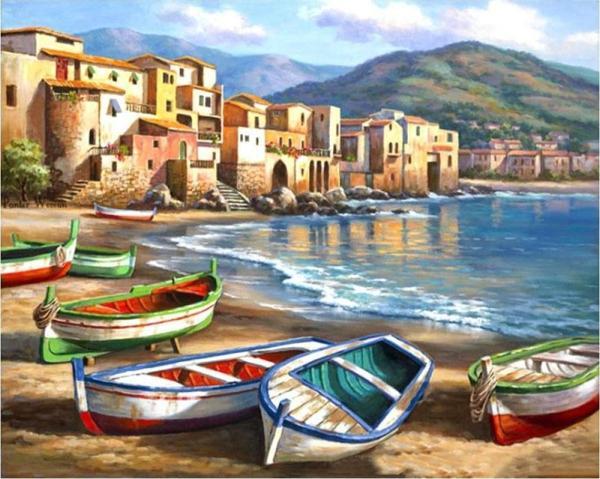 Canvas Renkli Kayıklar Sayılarla Boyama Seti   Kasnaklı 60 x 75 cm - Image 1