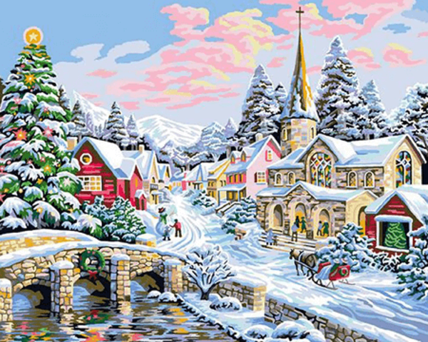 Canvas Kış Kasabası Sayılarla Boyama Seti  Kasnaklı 60 x 75 cm - Image 1