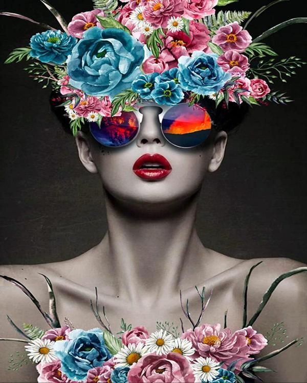Canvas Kadının Çiçek Duruşu 7 Sayılarla Boyama Seti Kasnaklı 90 x 110 cm - Image 1