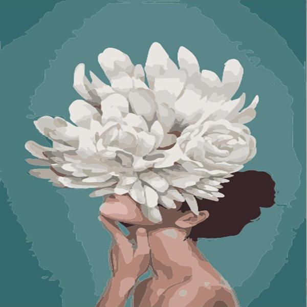 Canvas Kadın Beyaz Çiçek Sayılarla Boyama Seti   Kasnaklı 40 x 50 cm - Image 1