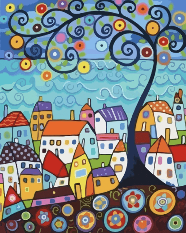 Canvas Sarmal Evler Sayılarla Boyama Seti Kasnaklı 70 x 90 cm - Image 1