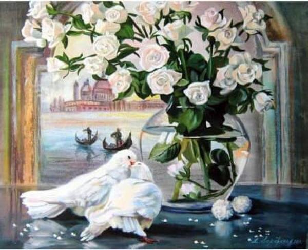 Canvas Güvercin Ve Çiçek Sayılarla Boyama Seti  Kasnaklı 90 x 110 cm - Image 1