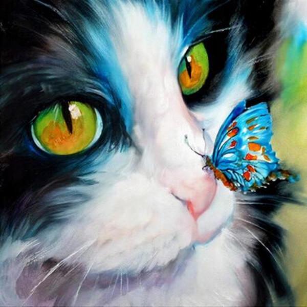 Canvas Kedinin Burnundaki Kelebek Sayılarla Boyama Seti  Kasnaklı 40 x 50 cm - Image 1