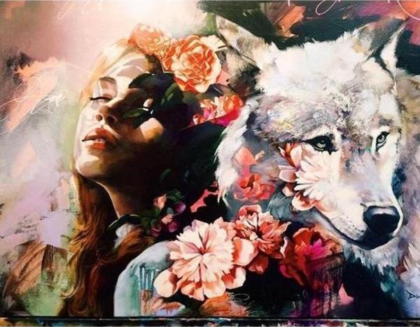 Canvas Kadın ve Kurt Sevgisi Sayılarla Boyama Seti  Kasnaklı 90 x 110 cm - Image 1