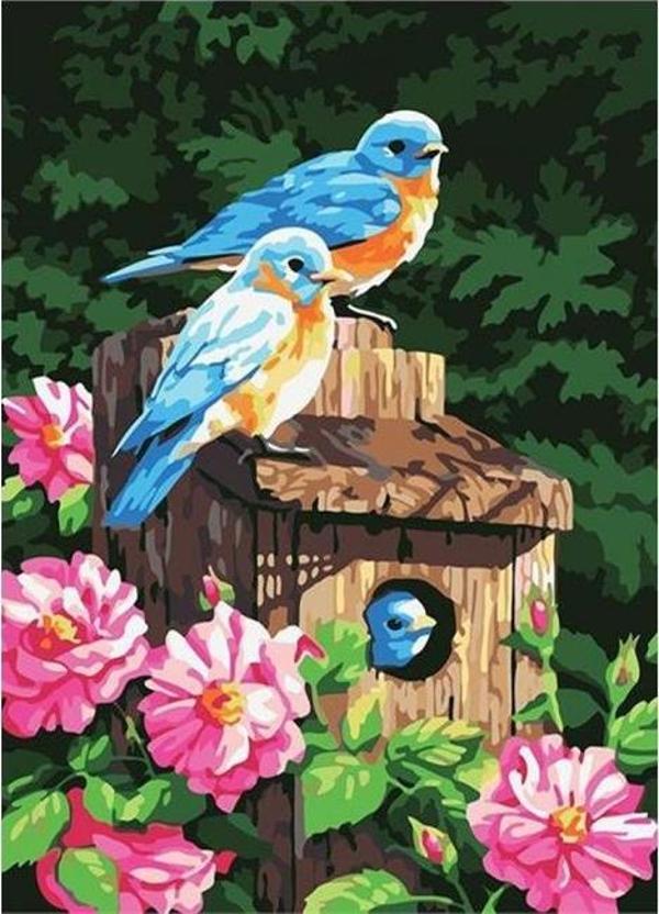 Canvas Mavi Kuşlar ve Çiçekler Sayılarla Boyama Seti  Kasnaklı 40 x 50 cm - Image 1