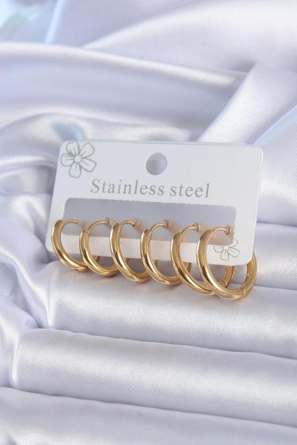 316L Çelik Gold Renk Halka Model Kadın Küpe Seti - Image 1