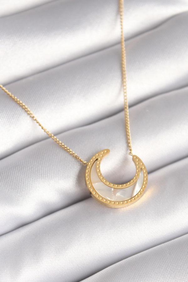 316L Çelik Gold Renk Beyaz Sedefli Hilal Model Kadın Kolye - Image 1