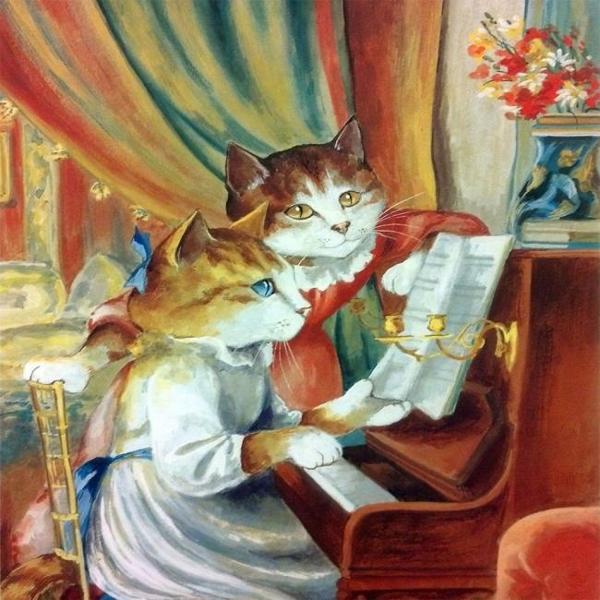 Canvas Piyano Aşıkları Kedilar  Kasnaklı 100 x 140 cm - Image 1