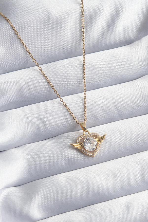 316L Çelik Gold Renk Zincir Zirkon Taşlı Kalp Model Kadın Kolye - Image 1