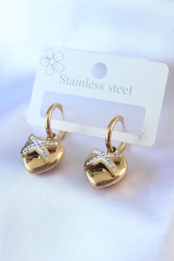 316L Çelik Gold Renk Zirkon Taş Detay Kalp Model Kadın Küpe - Image 1