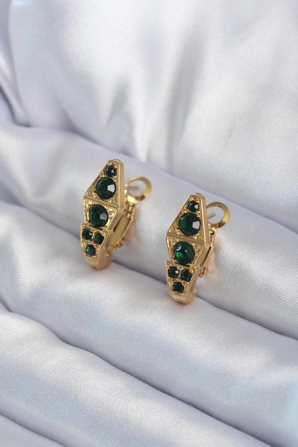 316L Çelik Gold Renk Yeşil Kristal Taş Detay Yılan Model Kadın Küpe - Image 1