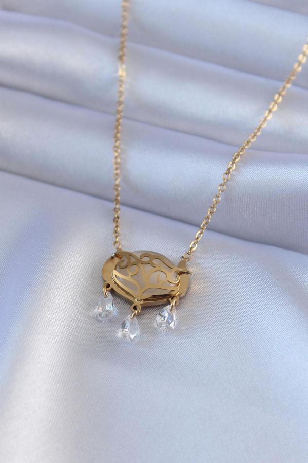 316L Çelik Gold Renk Lotus Model Zirkon Taşlı Kadın Kolye - Image 1