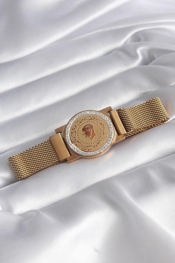 316L Çelik Gold Renk Mıknatıslı Hasır Zirkon Taşlı Çeyrek Altın Model Kadın Bileklik - Image 1