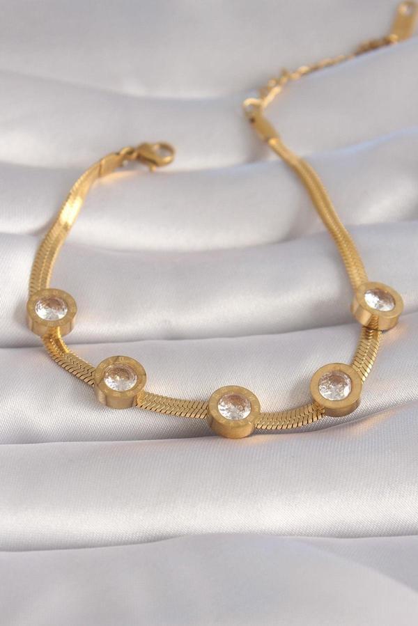 316L Çelik Gold Renk Zirkon Taşlı İtalyan Zincir Model Kadın Bileklik - Image 1