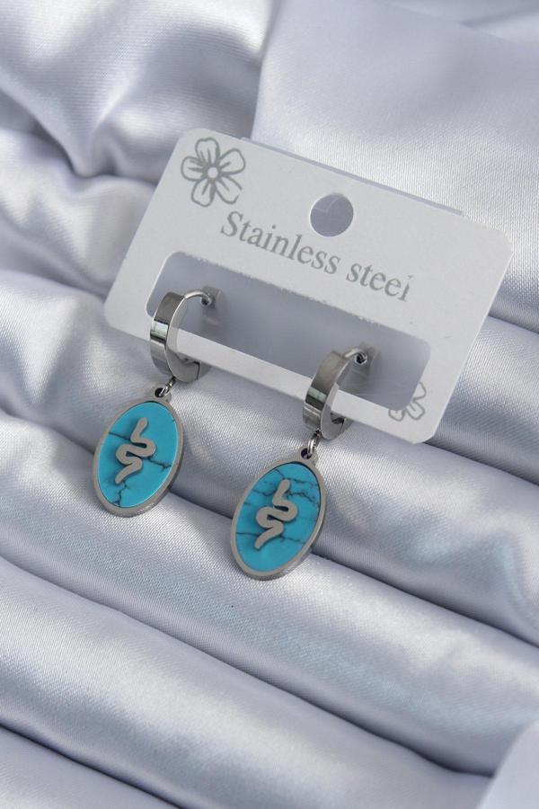 316L Çelik Gümüş Renk Oval Mavi Taşlı Yılan Figür Kadın Küpe - Image 1