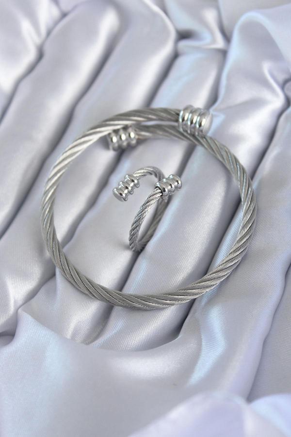 316L Çelik Gümüş Renk Sarmal Model Erkek Bileklik Yüzük Kombini - Image 1