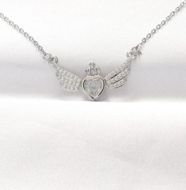 316L Çelik Silver Renk Zirkon Taşlı Kalpli Kanat Kolye - Image 1