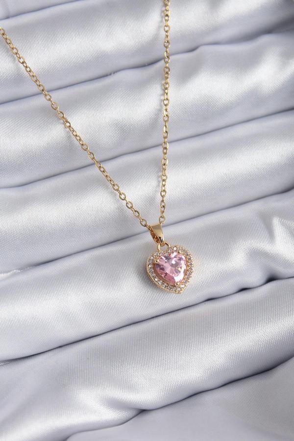 316L Çelik Zincir Gold Renk Pembe Zirkon Taş Kalp Model Charm Kadın Kolye - Image 1