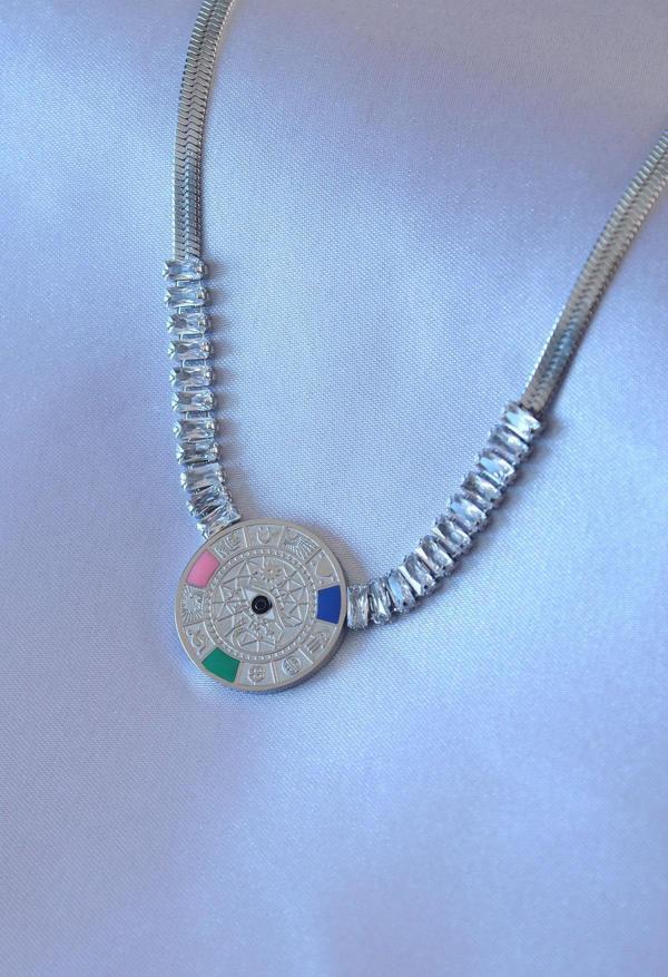 316L Çelik Gümüş Renk Zirkon Taşlı İtalyan Zincir Burç İşeleme Madalyon Model Kadın Kolye - Image 1