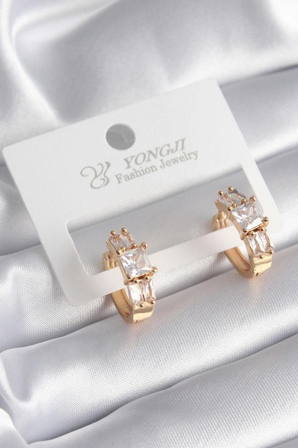 Pirinç Gold Renk Kare Zirkon Taşlı Kadın Küpe - Image 1