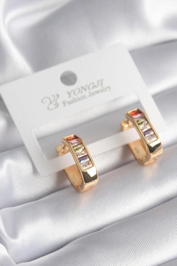 Pirinç Gold Renk Renkli Zirkon Taşlı Kadın Küpe - Image 1