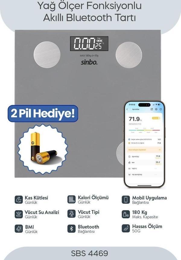 Sinbo SBS-4469 Bluetooth Dijital Yağ Su Kas Vücut Kitle Endeksi Kilo Ölçer Tartı Baskül - Image 1