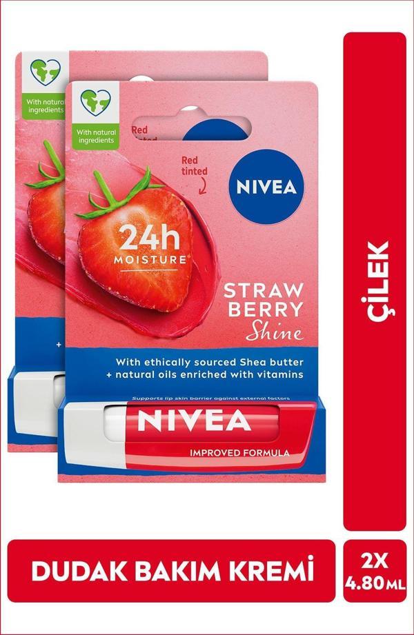 Nivea Dudak Bakım Kremi Ve Dudak Parlatıcı 4.8Gr, Çilek Kokusu, Nemlendirici, Hafif Kırmızı Işıltı, X2Adet - Image 1