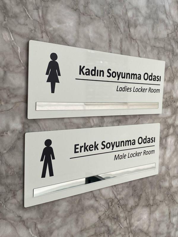 Gümüş Aynalı Parlak Beyaz Seri Bay&Bayan Soyunma Odası Yönlendirme Levha Seti Kapı İsimliği - Image 1